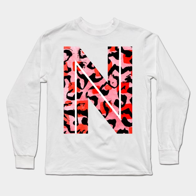 Abstract Letter N Watercolour Leopard Print Alphabet Red Long Sleeve T-Shirt by Squeeb Creative
